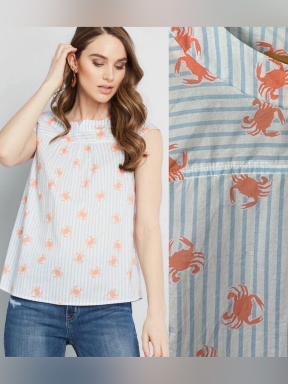 ModCloth Stripes Crab Print Blouse Sz M